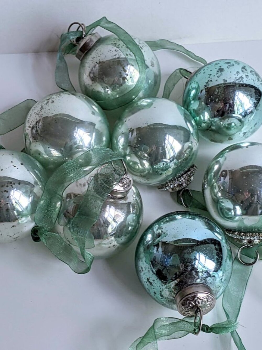 Mint & silver Mercury Glass Ball Ornaments-Set of 8